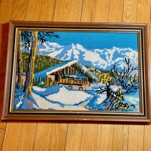 Vintage Framed Winter Cabin Needlepoint, Needlework, embroidery